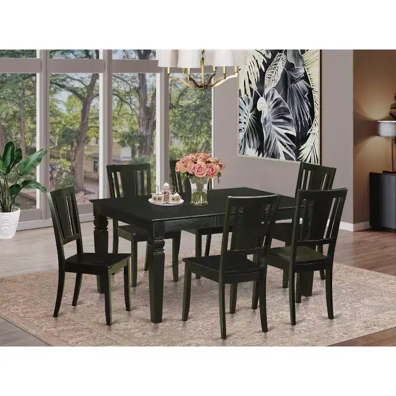 Table de salle à manger HomeStock 7 pièces rectangulaire au fini noir avec plateau en bois massif et 6 chaises