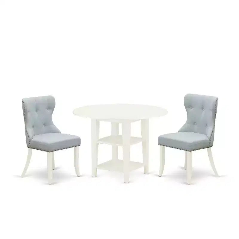 HomeStock 3-Pc Linen White Finish Solid Wood Top Dining Table Set