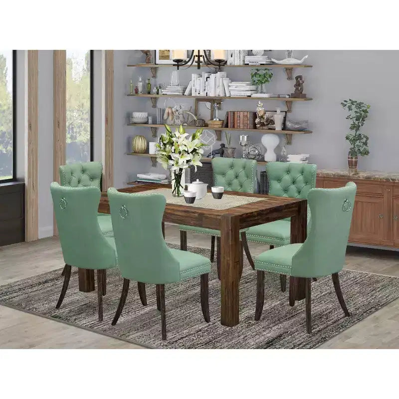 HomeStock Tavolo da Pranzo Rettangolare a 7 Pezzi, Finitura Jacobean Invecchiata, Piano in Legno Massello con 6 Sedie
