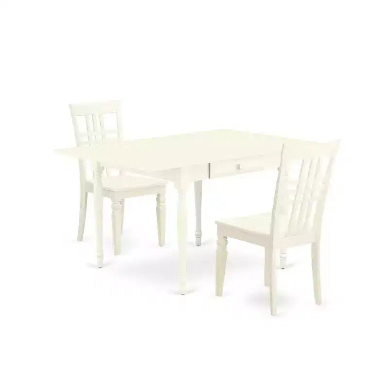 HomeStock 3-Pc Linen White Finish Solid Wood Top with Dropleaf Dining Table Set