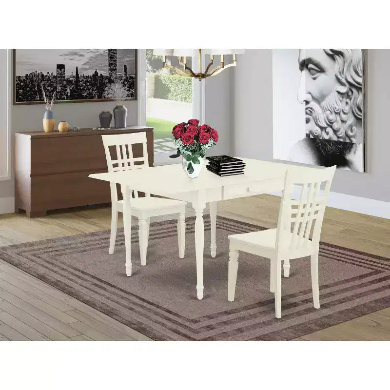 HomeStock Set da Pranzo 3 Pezzi con Piano in Legno Massello Finitura Lino Bianco e Tavolo con Ribalta