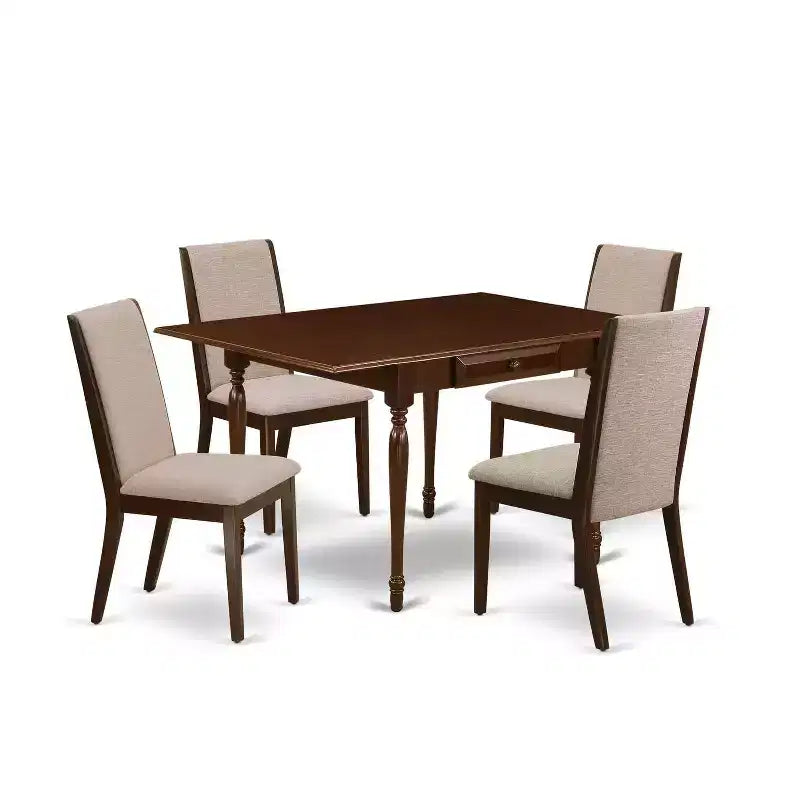 5-Piece Mahogany Finish Solid Wood Top - Rectangular Dining Room Set with Leaf - Seats 4
