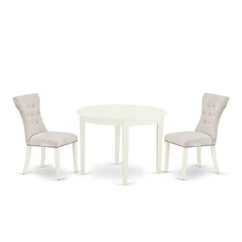 Round Dinette Set - 3 Piece Kitchen Table & Chairs - Linen White Finish - Modern Parson Design