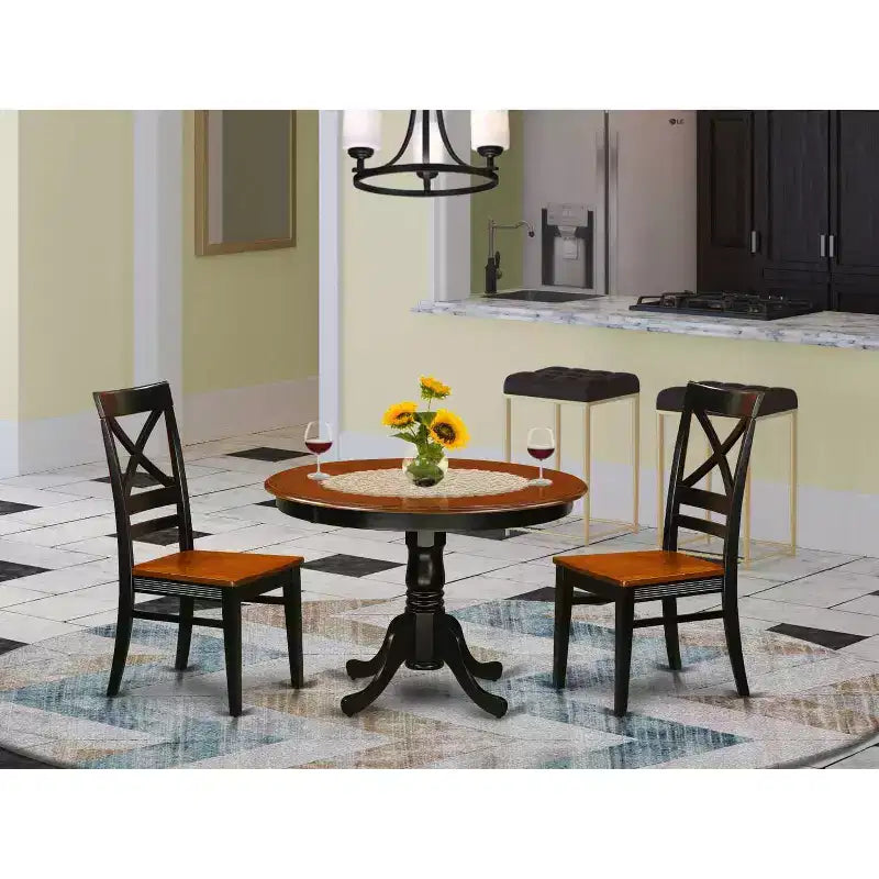 HomeStock Set da pranzo rotondo da 3 pezzi con piano in legno massello, finitura nera e ciliegio - 4 posti a sedere