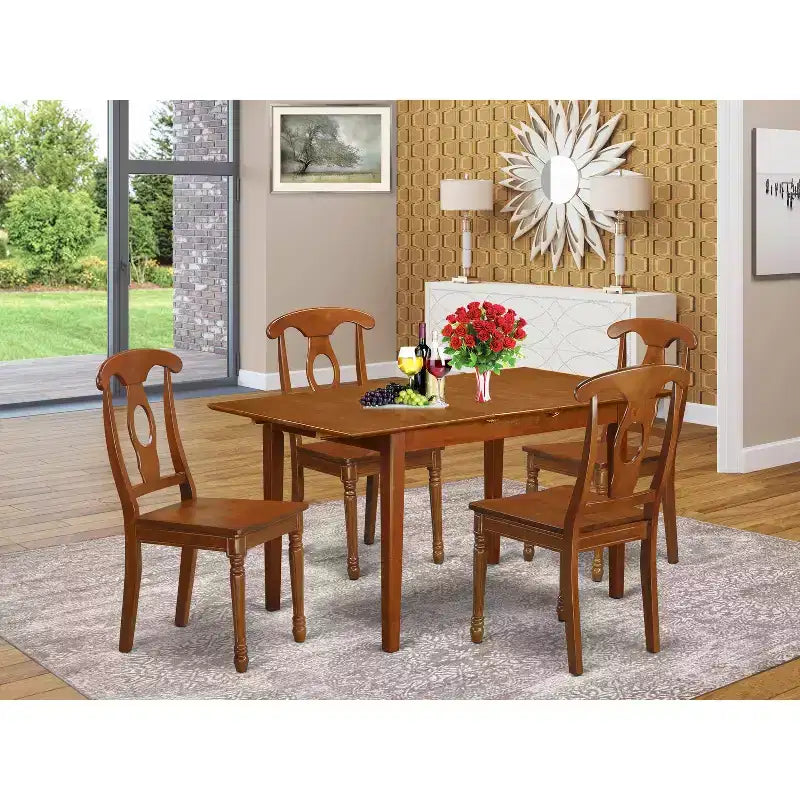 HomeStock Set da pranzo 5 pezzi in legno massello con finitura marrone sella, piano del tavolo e prolunga – 4 posti a sedere