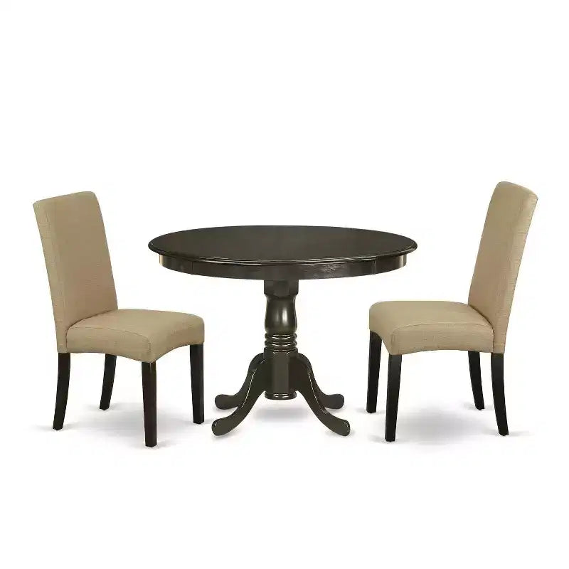 Round Dining Table Set 3pc - 42 Table & 2 Parson Chairs - Cappuccino Finish - Linen Fabric - Home Dining Room