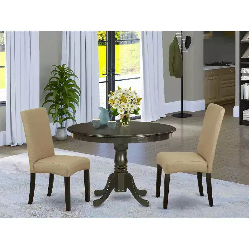Set da pranzo rotondo 3 pz - tavolo da 42 pollici e 2 sedie Parson - finitura cappuccino - tessuto lino - sala da pranzo per la casa