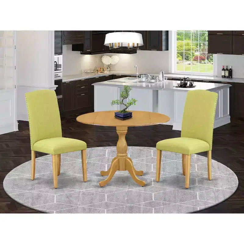 Set da pranzo da 3 pezzi con piano in legno massello con finitura in rovere naturale, con schienale alto - 4 posti