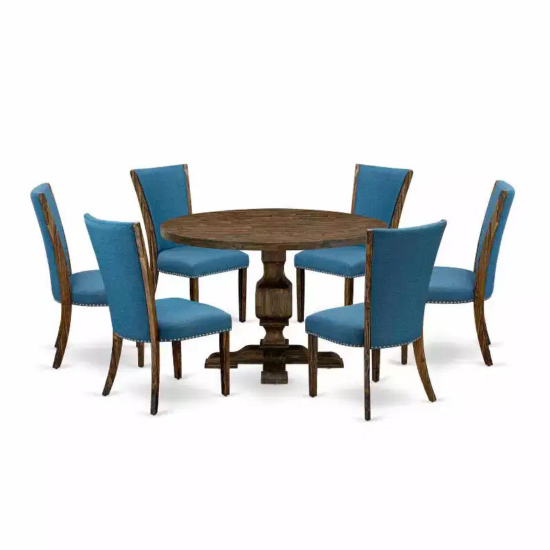 HomeStock 7-Piece Distressed Jacobean Finish Solid Wood Top Dining Table with 6 Parson Chairs