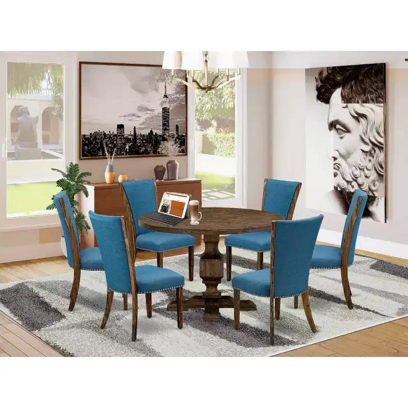 HomeStock Set da pranzo 7 pezzi, tavolo con piano in legno massello con finitura anticata Jacobean e 6 sedie Parson