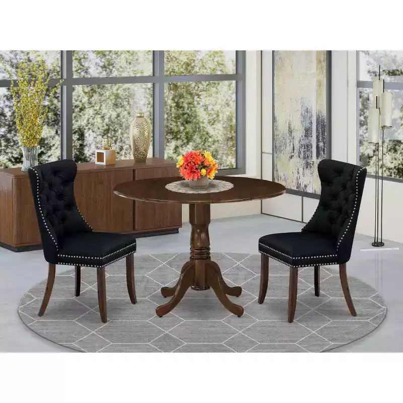 Set da 3 pezzi per sala da pranzo con tavolo rotondo imbottito in legno massello finitura noce antico - 4 posti