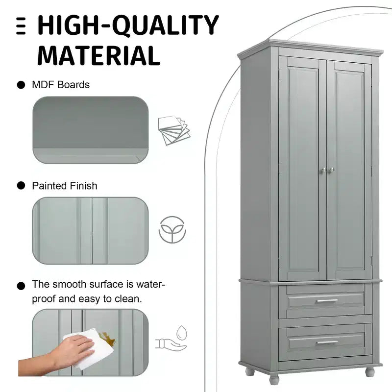GDFStudio Norton, armadietto moderno in legno da bagno, indipendente, con due cassetti, ripiano regolabile e armadietto chiuso