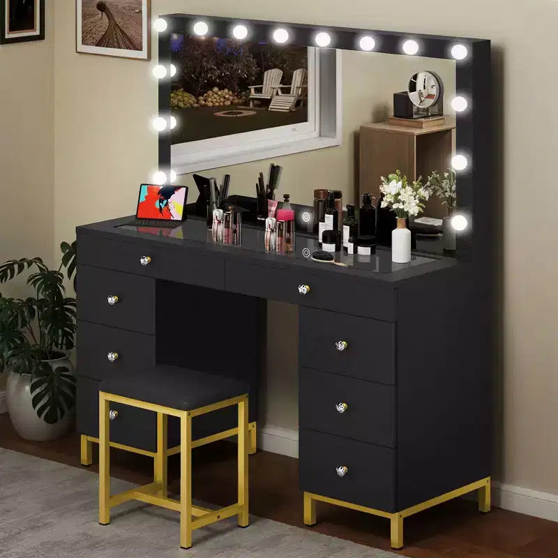 Coiffeuse avec grand miroir éclairé, table de maquillage 14 lumières avec 8 grands tiroirs et station de recharge, coiffeuse de maquillage