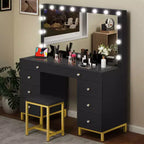 Coiffeuse avec grand miroir éclairé, table de maquillage 14 lumières avec 8 grands tiroirs et station de recharge, coiffeuse de maquillage
