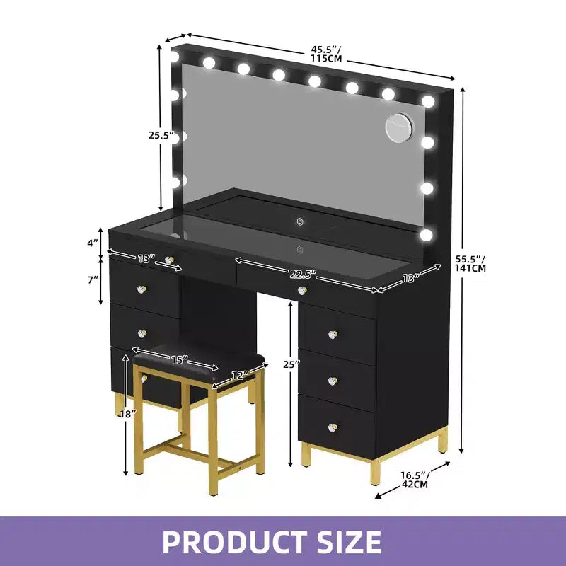 Coiffeuse avec grand miroir éclairé, table de maquillage 14 lumières avec 8 grands tiroirs et station de recharge, coiffeuse de maquillage