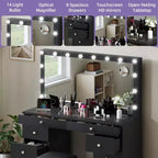 Coiffeuse avec grand miroir éclairé, table de maquillage 14 lumières avec 8 grands tiroirs et station de recharge, coiffeuse de maquillage