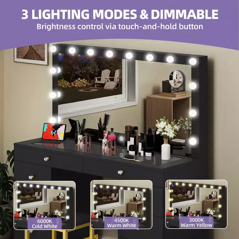 Coiffeuse avec grand miroir éclairé, table de maquillage 14 lumières avec 8 grands tiroirs et station de recharge, coiffeuse de maquillage