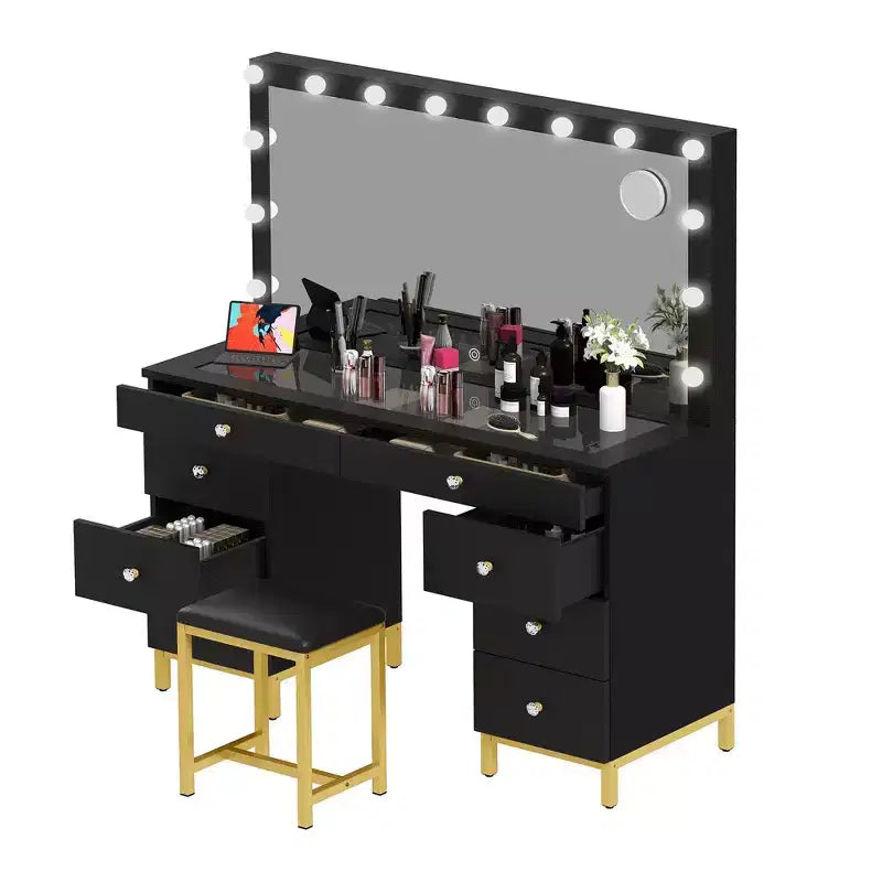 Coiffeuse avec grand miroir éclairé, table de maquillage 14 lumières avec 8 grands tiroirs et station de recharge, coiffeuse de maquillage