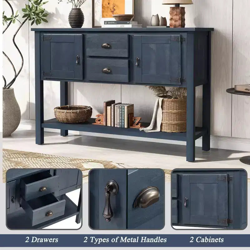 TUYOHW 46 Tavolo Consolle in Legno di Pino con 2 Armadietti e 2 Cassetti, Credenza a Buffet con Ripiano Aperto, Tavolo Rustico da Ingresso per Soggiorno, Corridoio