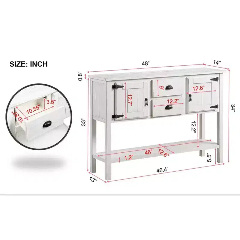 TUYOHW 46 Tavolo Consolle in Legno di Pino con 2 Armadietti e 2 Cassetti, Credenza a Buffet con Ripiano Aperto, Tavolo Rustico da Ingresso per Soggiorno, Corridoio