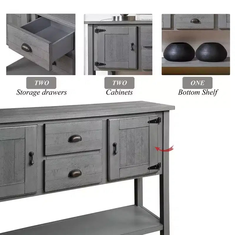 TUYOHW 46 Table Console en Bois de Pin avec 2 Armoires et 2 Tiroirs, Buffet Desserte avec Étagère Ouverte, Table d'Entrée Rustique pour Salon, Couloir