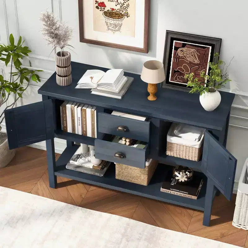 TUYOHW 46 Tavolo Consolle in Legno di Pino con 2 Armadietti e 2 Cassetti, Credenza a Buffet con Ripiano Aperto, Tavolo Rustico da Ingresso per Soggiorno, Corridoio