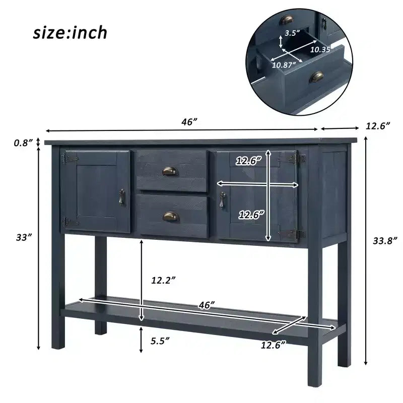 TUYOHW 46 Tavolo Consolle in Legno di Pino con 2 Armadietti e 2 Cassetti, Credenza a Buffet con Ripiano Aperto, Tavolo Rustico da Ingresso per Soggiorno, Corridoio