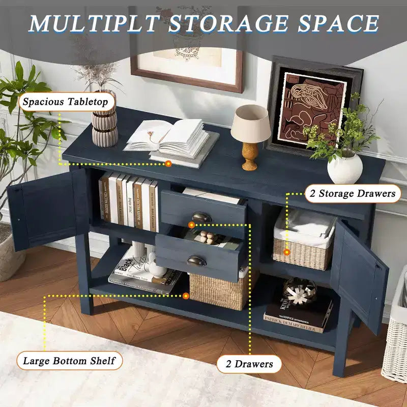 TUYOHW 46 Tavolo Consolle in Legno di Pino con 2 Armadietti e 2 Cassetti, Credenza a Buffet con Ripiano Aperto, Tavolo Rustico da Ingresso per Soggiorno, Corridoio