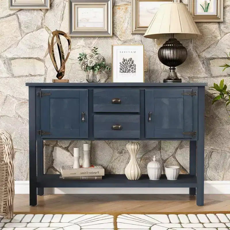 TUYOHW 46 Table Console en Bois de Pin avec 2 Armoires et 2 Tiroirs, Buffet Desserte avec Étagère Ouverte, Table d'Entrée Rustique pour Salon, Couloir