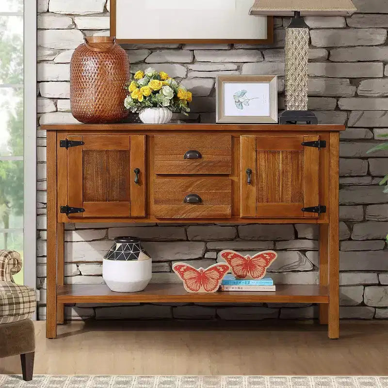TUYOHW 46 Table Console en Bois de Pin avec 2 Armoires et 2 Tiroirs, Buffet Desserte avec Étagère Ouverte, Table d'Entrée Rustique pour Salon, Couloir