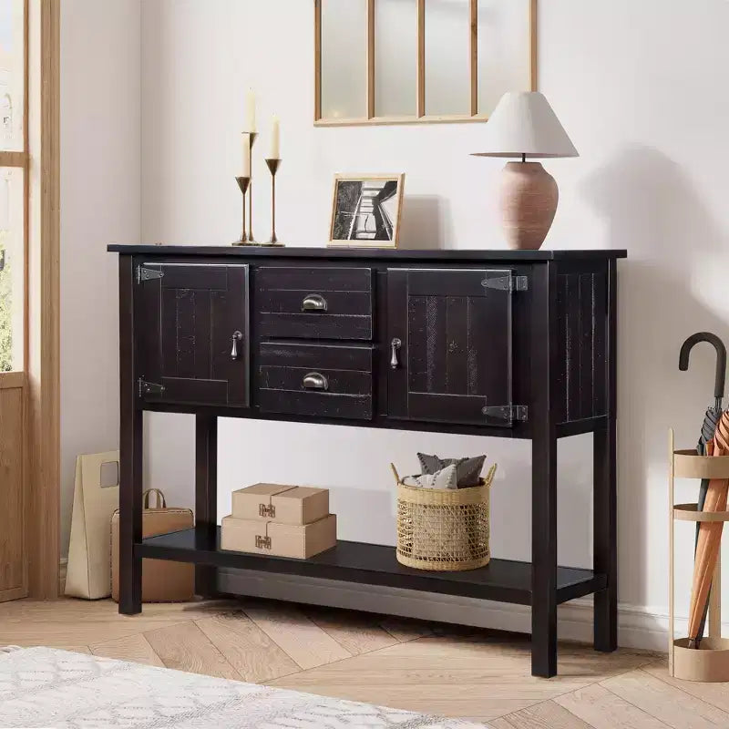 TUYOHW 46 Table Console en Bois de Pin avec 2 Armoires et 2 Tiroirs, Buffet Desserte avec Étagère Ouverte, Table d'Entrée Rustique pour Salon, Couloir