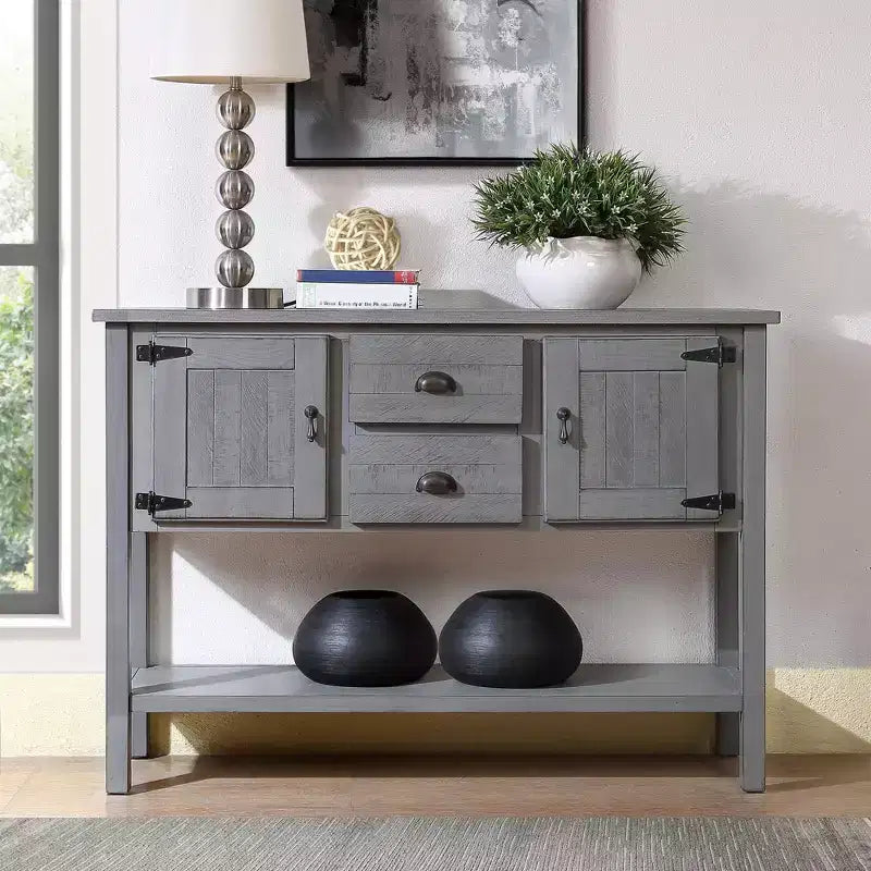 TUYOHW 46 Pine Wood Console Table with 2 Cabinets & 2 Drawers,Buffet Sideboard with Open Shelf,Rustic Entryway Table for Living Room,Hallway