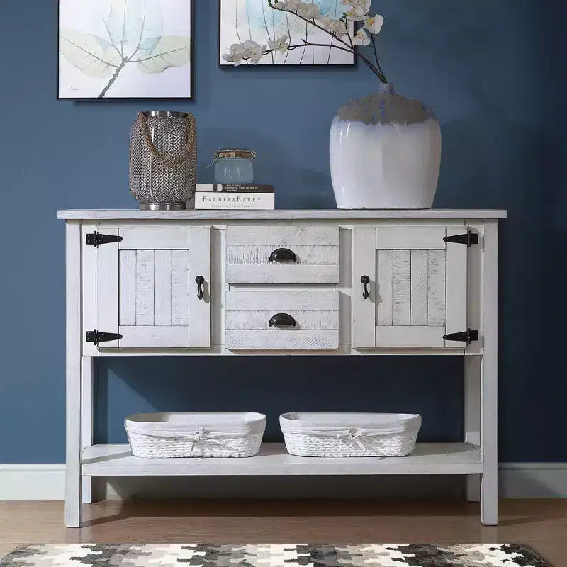 TUYOHW 46 Table Console en Bois de Pin avec 2 Armoires et 2 Tiroirs, Buffet Desserte avec Étagère Ouverte, Table d'Entrée Rustique pour Salon, Couloir
