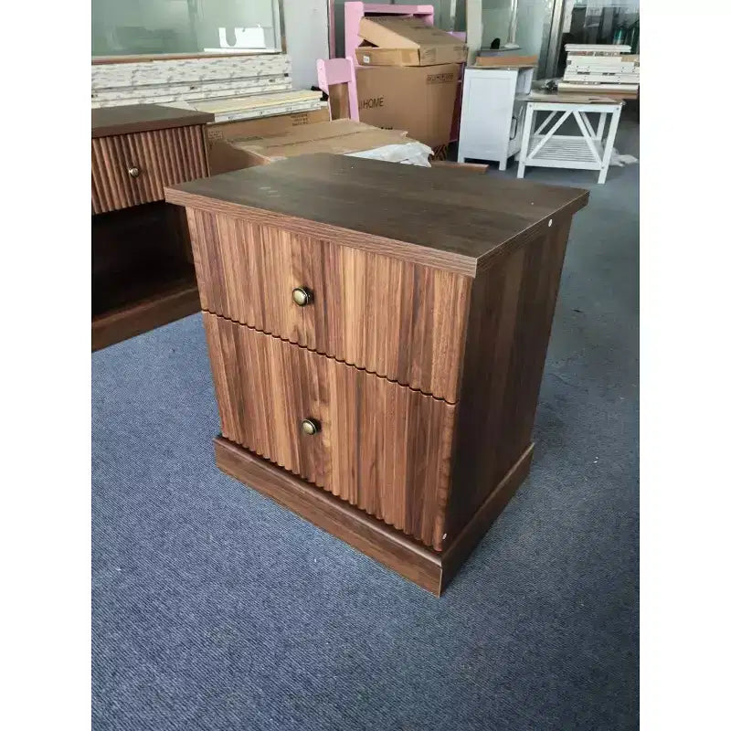 Fluted Double-Drawer Nightstand (Wood/Brown) - Engineered Wood MDF Bedside Cabinet, Sturdy & Easy to Assemble, Storage Nightstand for Bedroom