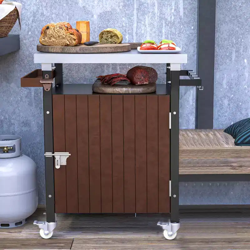 JVNOXK 32-inch Outdoor Portable Island Grill Cart with Hooks and Spice Rack, Waterproof Outdoor Grill Table, Stainless Steel Countertop,Brown