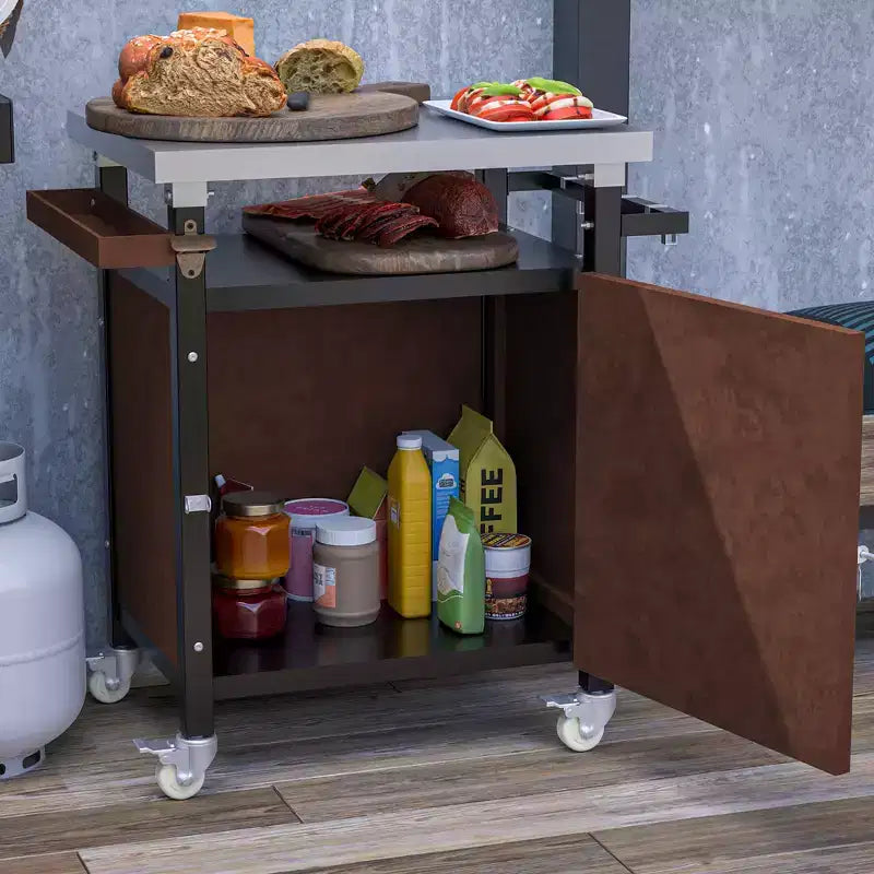 Chariot de barbecue portable JVNOXK de 32 pouces pour extérieur avec crochets et étagère à épices, table de barbecue extérieure étanche, comptoir en acier inoxydable, marron