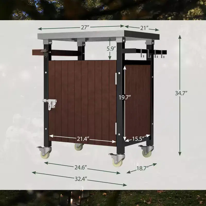Carrello per grill da esterno portatile JVNOXK da 32 pollici con ganci e portaspezie, tavolo per grill da esterno impermeabile, piano di lavoro in acciaio inossidabile, marrone