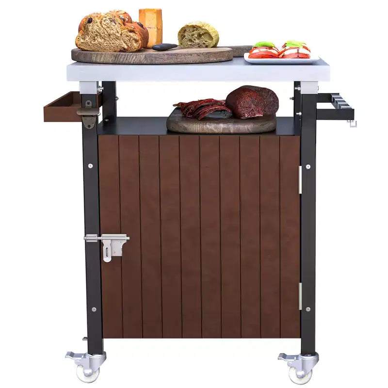 Carrello per grill da esterno portatile JVNOXK da 32 pollici con ganci e portaspezie, tavolo per grill da esterno impermeabile, piano di lavoro in acciaio inossidabile, marrone