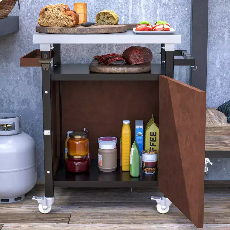 Carrello per grill da esterno portatile JVNOXK da 32 pollici con ganci e portaspezie, tavolo per grill da esterno impermeabile, piano di lavoro in acciaio inossidabile, marrone