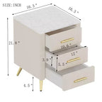 Comodino in Legno Elegante Whisen, Tavolino da Comodino Imbottito con 3 Cassetti e Gambe in Metallo, Maniglie e Piano di Lavoro con Adesivi Effetto Marmo