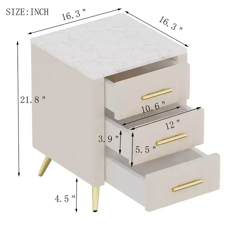 Comodino in Legno Elegante Whisen, Tavolino da Comodino Imbottito con 3 Cassetti e Gambe in Metallo, Maniglie e Piano di Lavoro con Adesivi Effetto Marmo