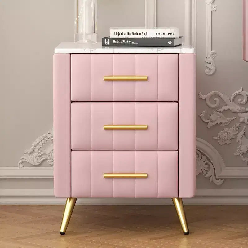 Comodino in Legno Elegante Whisen, Tavolino da Comodino Imbottito con 3 Cassetti e Gambe in Metallo, Maniglie e Piano di Lavoro con Adesivi Effetto Marmo