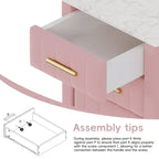 Comodino in Legno Elegante Whisen, Tavolino da Comodino Imbottito con 3 Cassetti e Gambe in Metallo, Maniglie e Piano di Lavoro con Adesivi Effetto Marmo