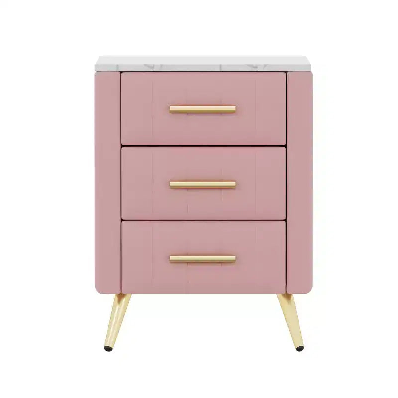 Comodino in Legno Elegante Whisen, Tavolino da Comodino Imbottito con 3 Cassetti e Gambe in Metallo, Maniglie e Piano di Lavoro con Adesivi Effetto Marmo
