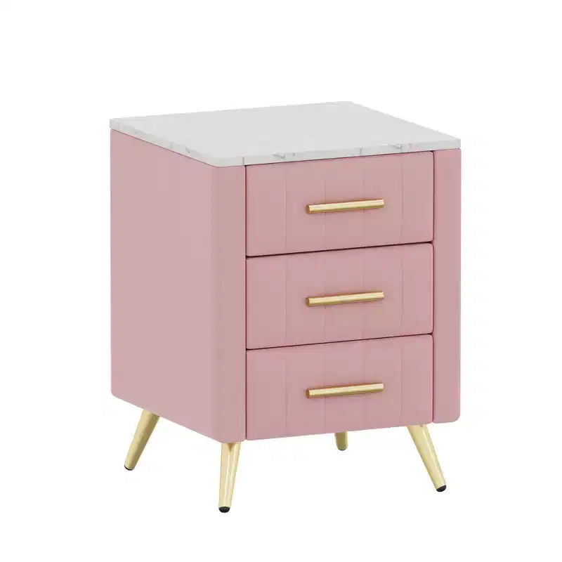 Comodino in Legno Elegante Whisen, Tavolino da Comodino Imbottito con 3 Cassetti e Gambe in Metallo, Maniglie e Piano di Lavoro con Adesivi Effetto Marmo