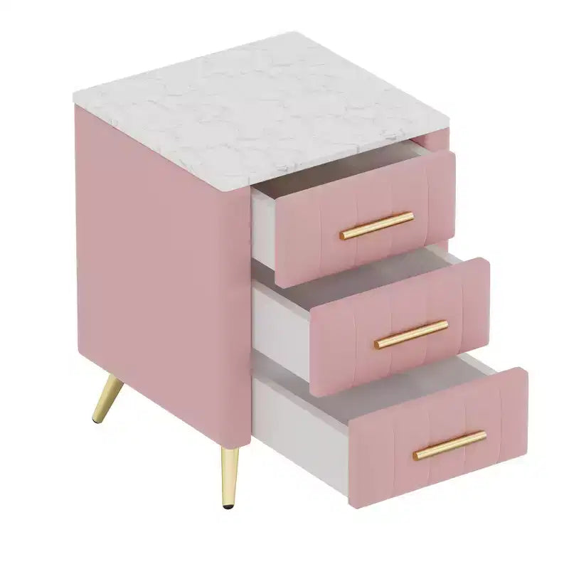 Comodino in Legno Elegante Whisen, Tavolino da Comodino Imbottito con 3 Cassetti e Gambe in Metallo, Maniglie e Piano di Lavoro con Adesivi Effetto Marmo