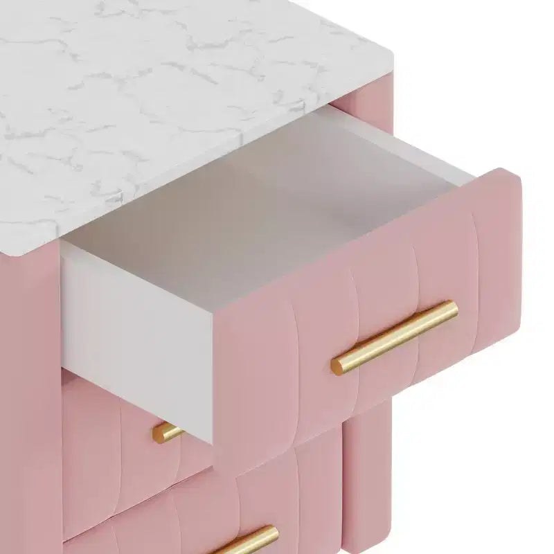 Comodino in Legno Elegante Whisen, Tavolino da Comodino Imbottito con 3 Cassetti e Gambe in Metallo, Maniglie e Piano di Lavoro con Adesivi Effetto Marmo