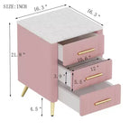 Comodino in Legno Elegante Whisen, Tavolino da Comodino Imbottito con 3 Cassetti e Gambe in Metallo, Maniglie e Piano di Lavoro con Adesivi Effetto Marmo