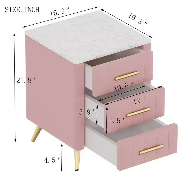 Comodino in Legno Elegante Whisen, Tavolino da Comodino Imbottito con 3 Cassetti e Gambe in Metallo, Maniglie e Piano di Lavoro con Adesivi Effetto Marmo