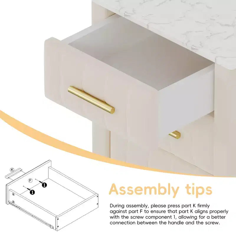 Comodino in Legno Elegante Whisen, Tavolino da Comodino Imbottito con 3 Cassetti e Gambe in Metallo, Maniglie e Piano di Lavoro con Adesivi Effetto Marmo